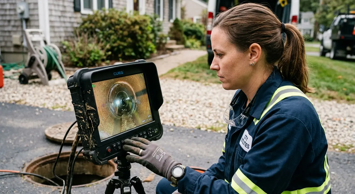 Technician reviewing sewer camera inspection footage in Cloverleaf