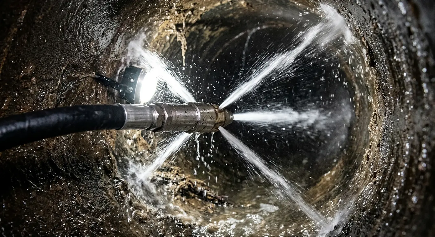 High-pressure hydro jetting nozzle cleaning sewer pipe for Sewer Cleanout in Cloverleaf