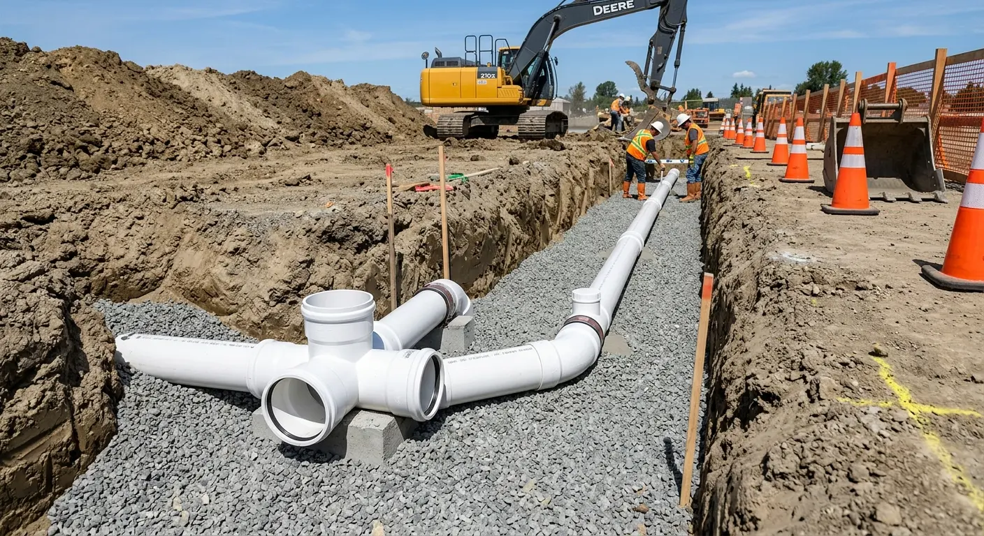 New PVC sewer pipe installation in open trench for Commercial Drain Cleaning in Cloverleaf