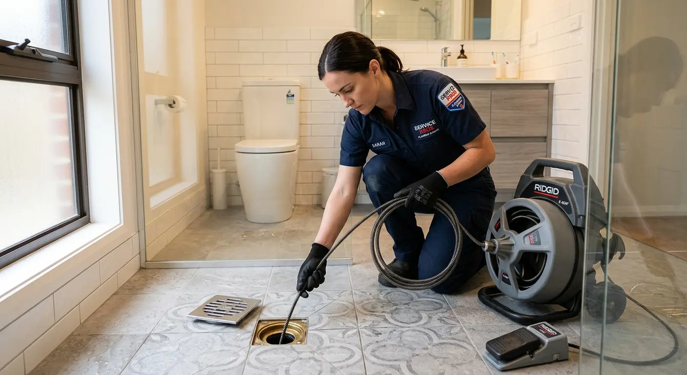 Technician clearing a bathroom floor drain for Sewer Line Replacement in Cloverleaf